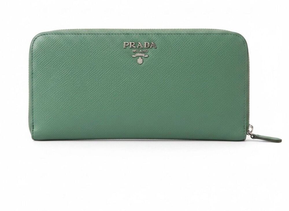 Prada Zip Around Saffiano Leather Long Wallet Green Travel Silver Logo Accent